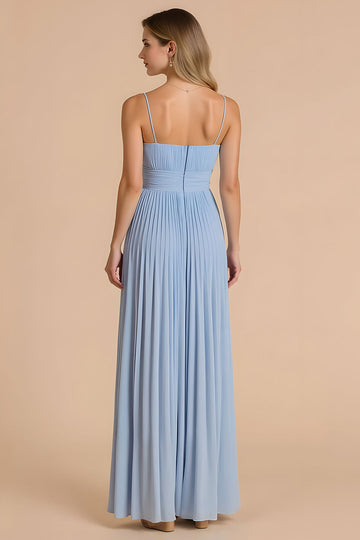 Bleu clair plissé une ligne spaghetti bretelles robe longue de demoiselle d’honneur